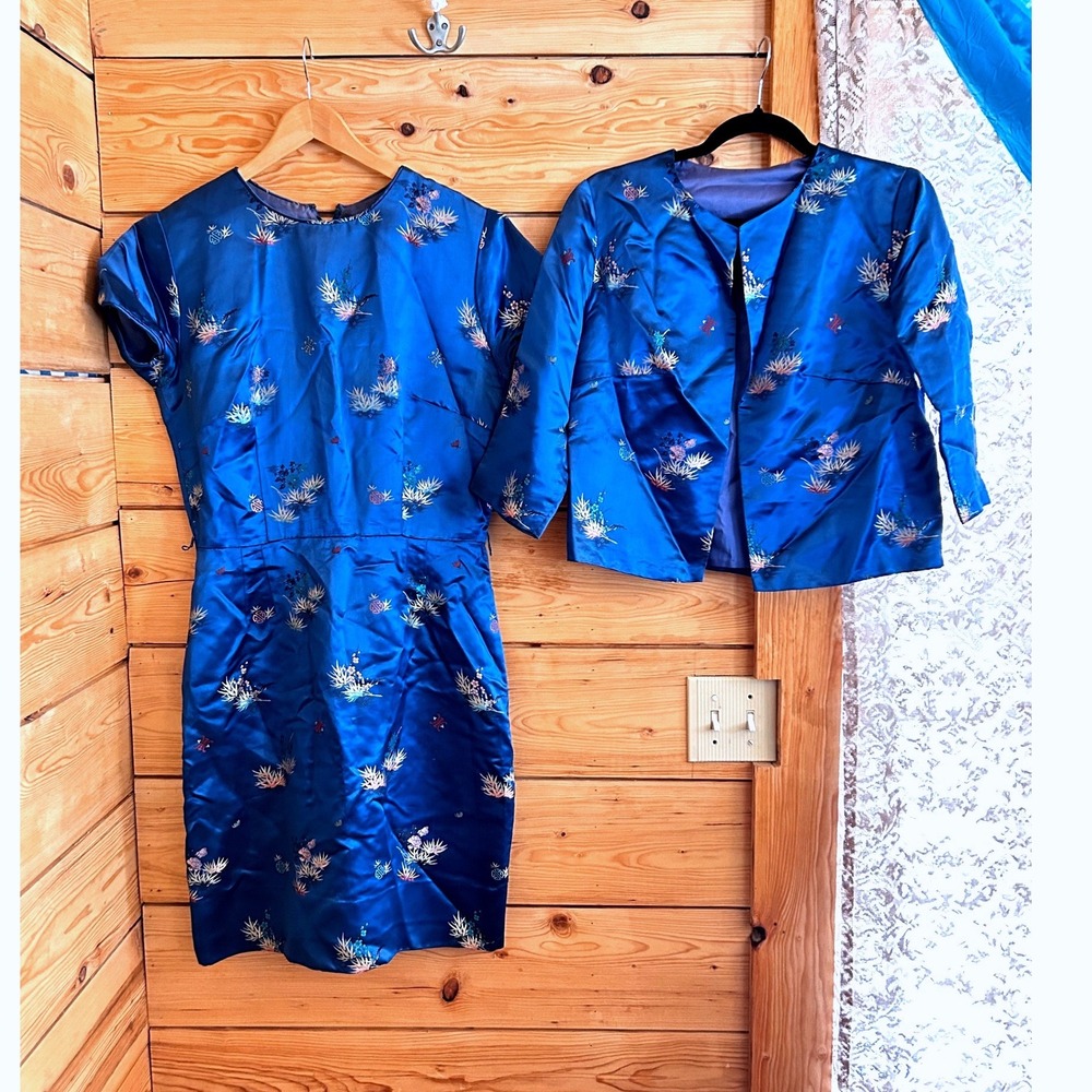 Vintage Silk Dress Set Womens Large Blue Peacock Embroidered Asian Handmade Luxe